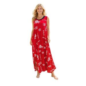 Cotton Resort Beach Red Maxi Sleeveless Dress Fish Print Women XL Summer Travel